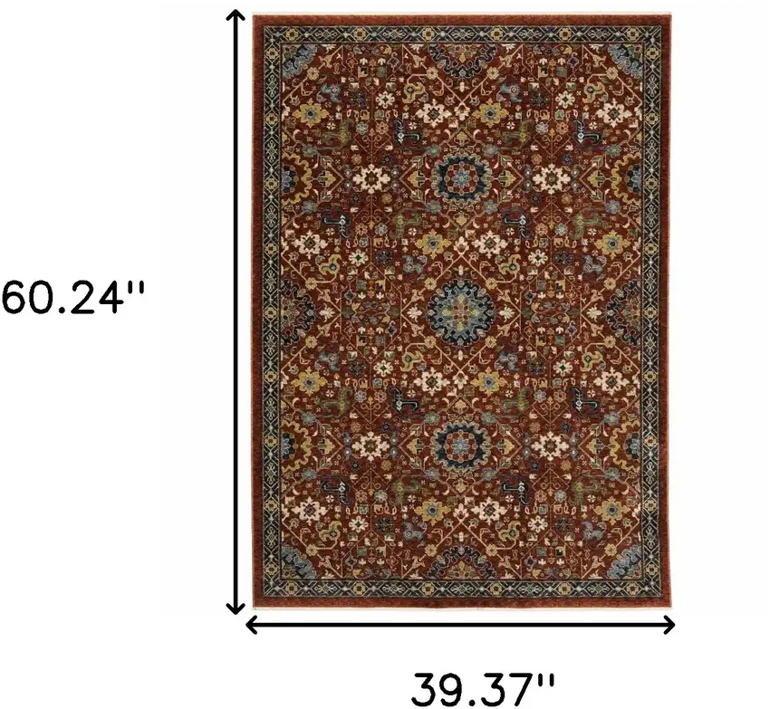 Red Blue Gold And Ivory Oriental Power Loom Stain Resistant Area Rug With Fringe Photo 3