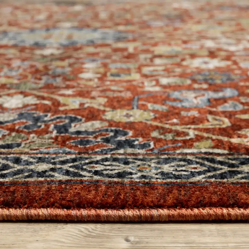 Red Blue Gold And Ivory Oriental Power Loom Stain Resistant Area Rug With Fringe Photo 4