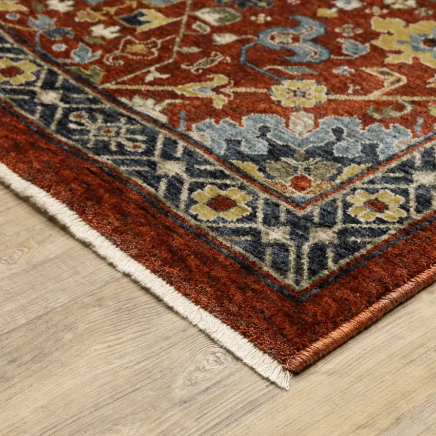 Red Blue Gold And Ivory Oriental Power Loom Stain Resistant Area Rug With Fringe Photo 7