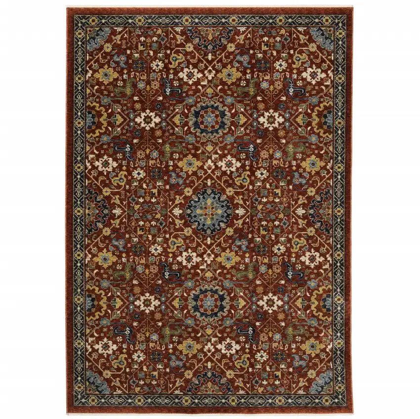 Red Blue Gold And Ivory Oriental Power Loom Stain Resistant Area Rug With Fringe Photo 1