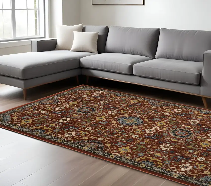Blue and Red Oriental Power Loom Area Rug With Fringe Photo 1