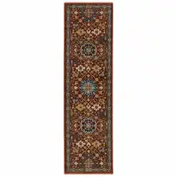 Photo of Red Blue Gold And Ivory Oriental Power Loom Stain Resistant Runner Rug With Fringe