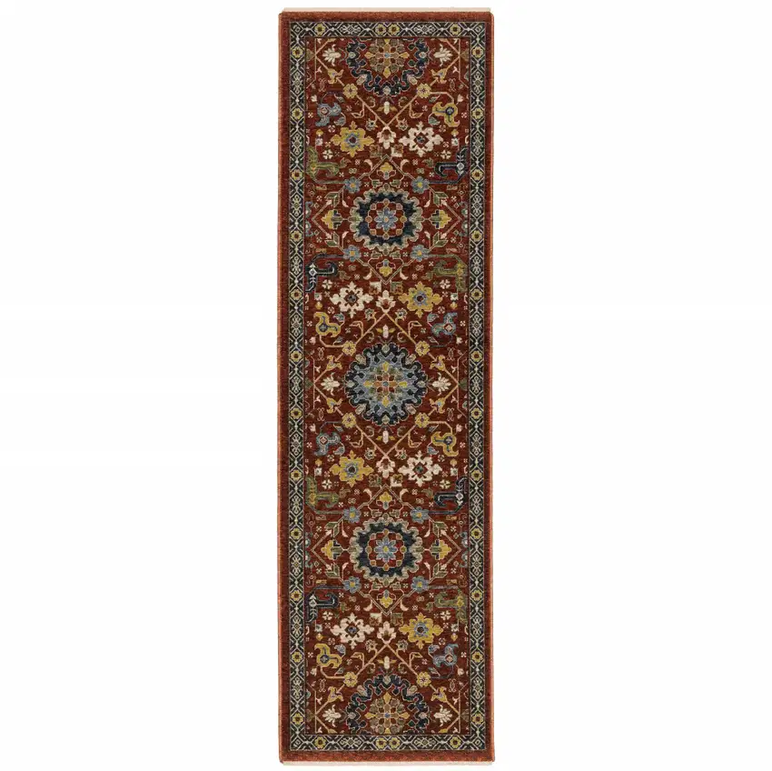 Red Blue Gold And Ivory Oriental Power Loom Stain Resistant Runner Rug With Fringe Photo 1