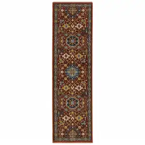 Photo of Red Blue Gold And Ivory Oriental Power Loom Stain Resistant Runner Rug With Fringe