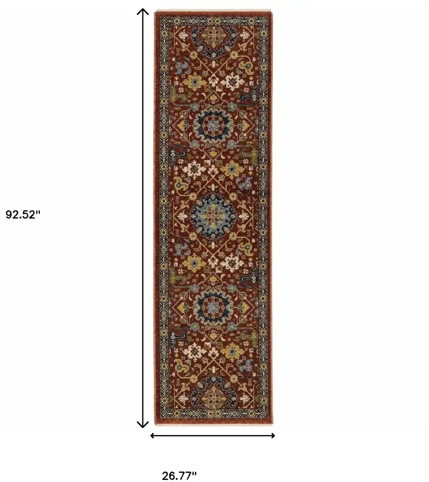Red Blue Gold And Ivory Oriental Power Loom Stain Resistant Runner Rug With Fringe Photo 9