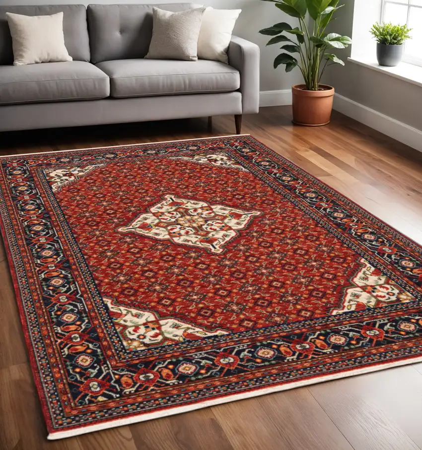 Blue and Red Oriental Power Loom Area Rug With Fringe Photo 1