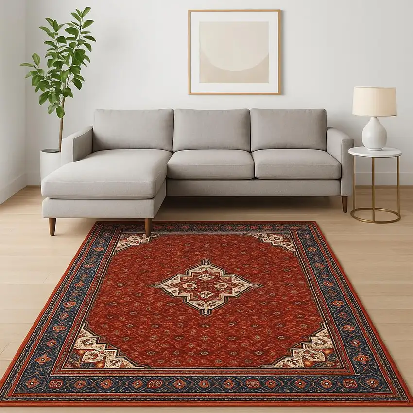6' X 9' Red Blue Ivory And Orange Oriental Power Loom Stain Resistant Area Rug With Fringe Photo 1