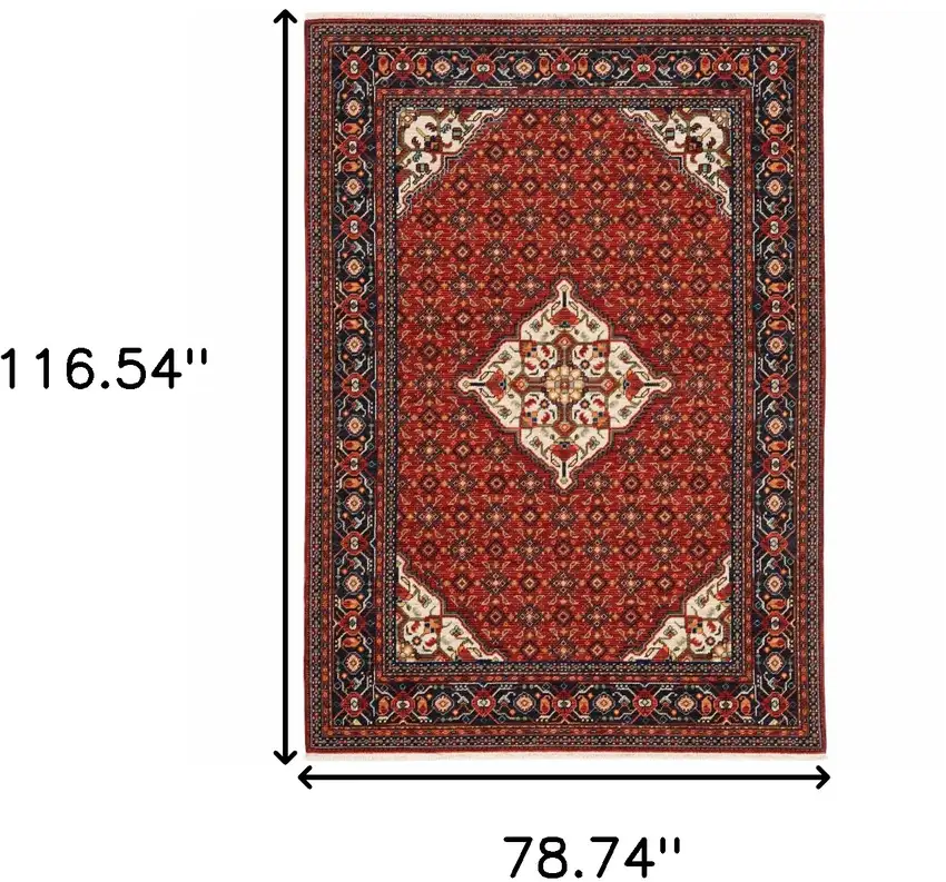 6' X 9' Red Blue Ivory And Orange Oriental Power Loom Stain Resistant Area Rug With Fringe Photo 3