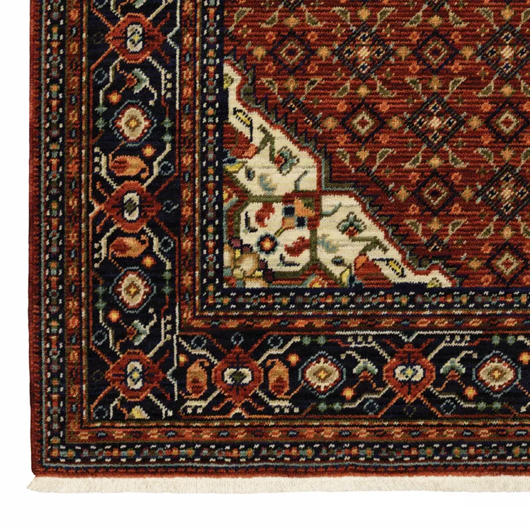 Red Blue Ivory And Orange Oriental Power Loom Stain Resistant Area Rug With Fringe Photo 3