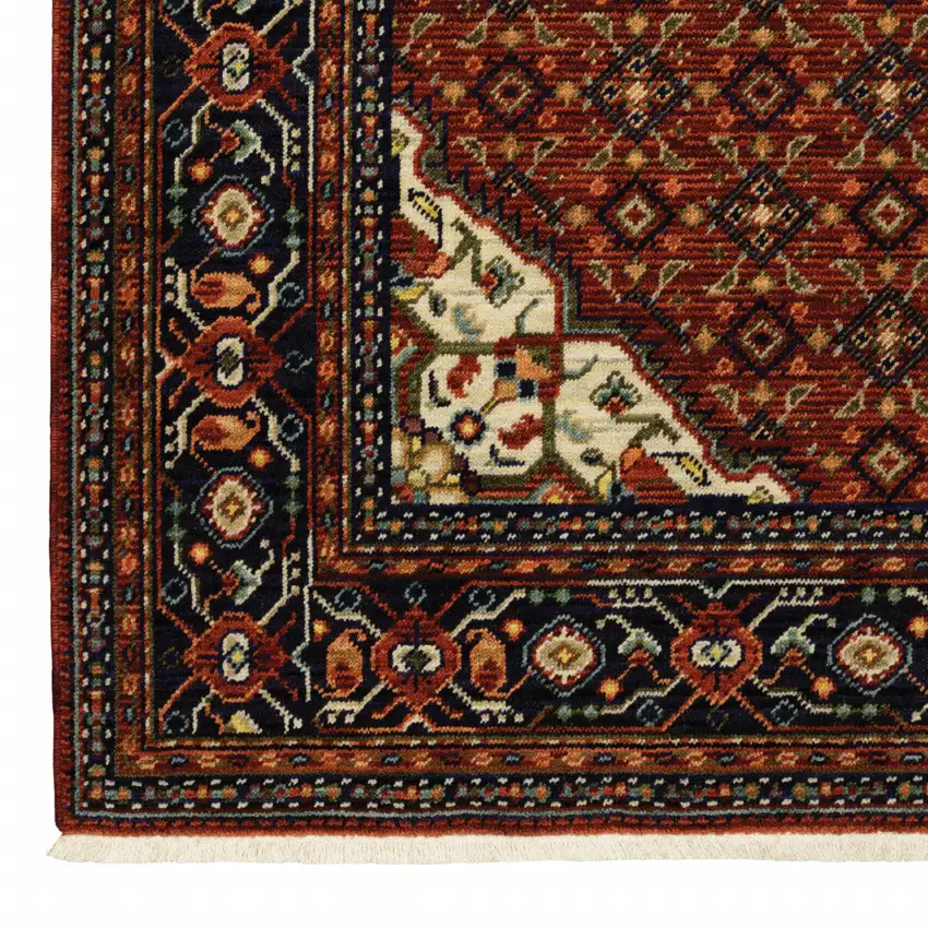 Red Blue Ivory And Orange Oriental Power Loom Stain Resistant Area Rug With Fringe Photo 3