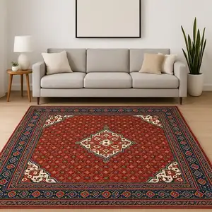Photo of Red Blue Ivory And Orange Oriental Power Loom Stain Resistant Area Rug With Fringe