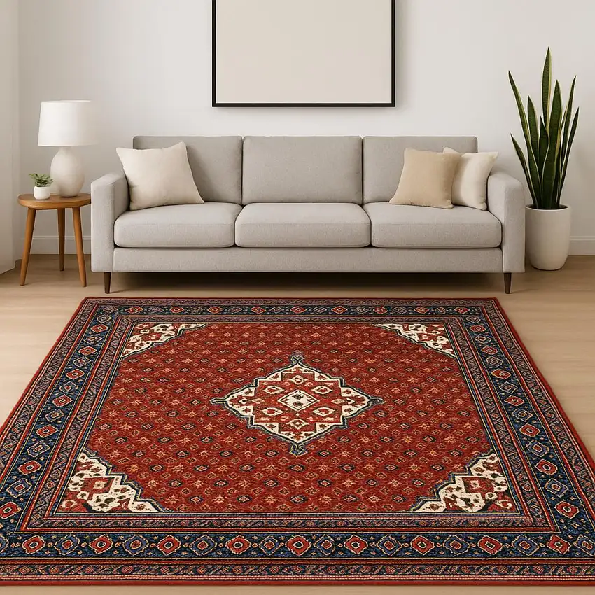 Red Blue Ivory And Orange Oriental Power Loom Stain Resistant Area Rug With Fringe Photo 2