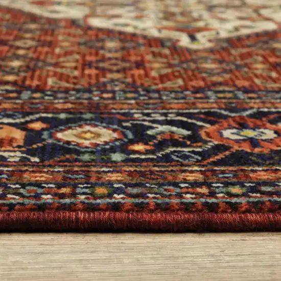 Red Blue Ivory And Orange Oriental Power Loom Stain Resistant Area Rug With Fringe Photo 5