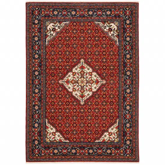 Red Blue Ivory And Orange Oriental Power Loom Stain Resistant Area Rug With Fringe Photo 1