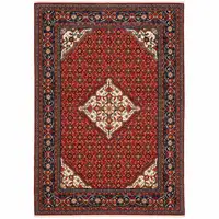 Photo of Red Blue Ivory And Orange Oriental Power Loom Stain Resistant Area Rug With Fringe