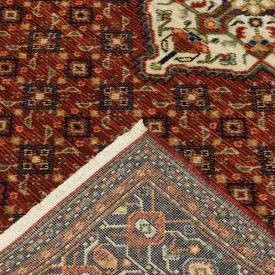 Red Blue Ivory And Orange Oriental Power Loom Stain Resistant Area Rug With Fringe Photo 7