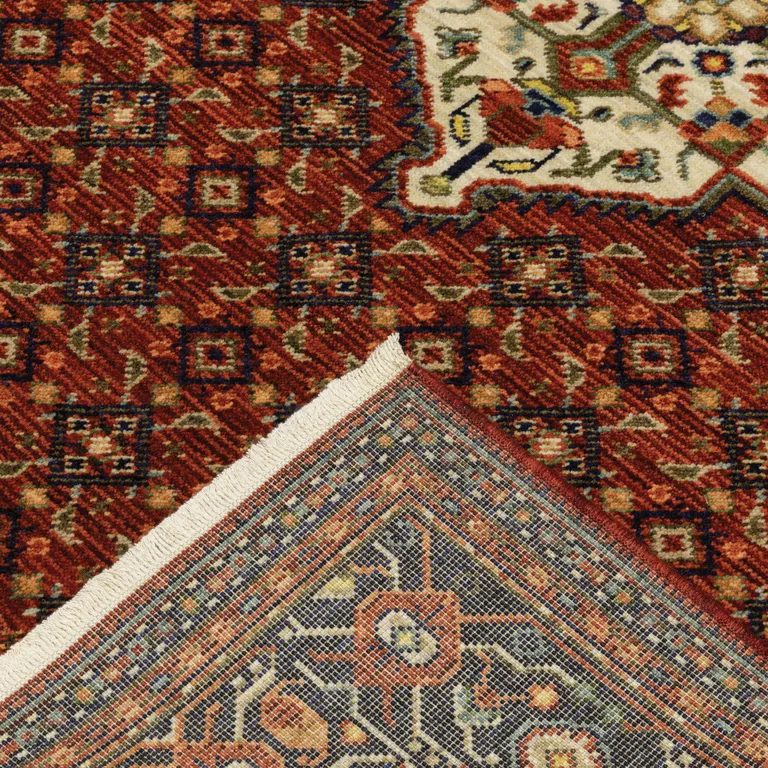 Red Blue Ivory And Orange Oriental Power Loom Stain Resistant Runner Rug With Fringe Photo 5
