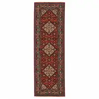 Photo of Red Blue Ivory And Orange Oriental Power Loom Stain Resistant Runner Rug With Fringe
