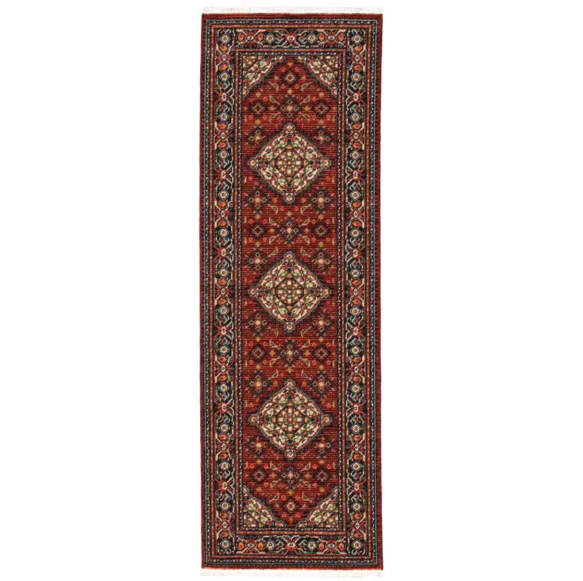 Red Blue Ivory And Orange Oriental Power Loom Stain Resistant Runner Rug With Fringe Photo 2