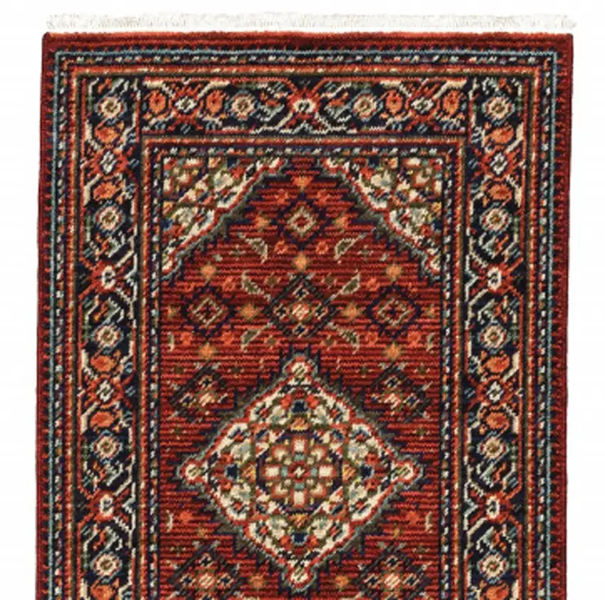 2' X 6' Red Blue Ivory And Orange Oriental Power Loom Stain Resistant Runner Rug With Fringe Photo 8