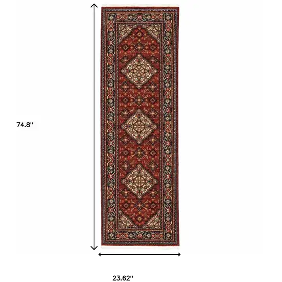 2' X 6' Red Blue Ivory And Orange Oriental Power Loom Stain Resistant Runner Rug With Fringe Photo 3