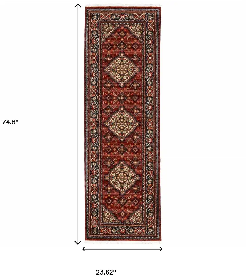 2' X 6' Red Blue Ivory And Orange Oriental Power Loom Stain Resistant Runner Rug With Fringe Photo 3
