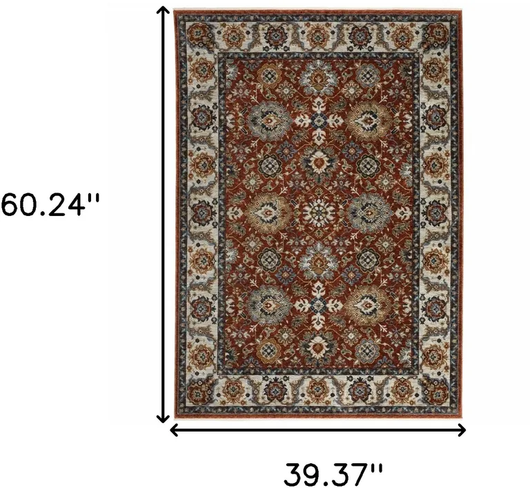 Red Blue Ivory Gold And Navy Oriental Power Loom Stain Resistant Area Rug With Fringe Photo 2