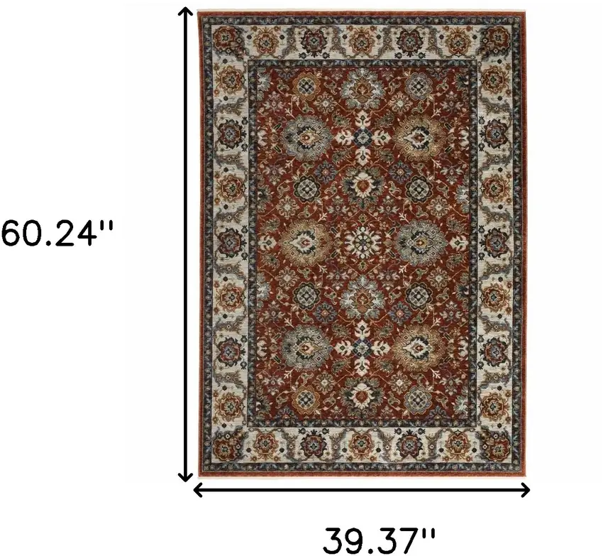 Red Blue Ivory Gold And Navy Oriental Power Loom Stain Resistant Area Rug With Fringe Photo 3