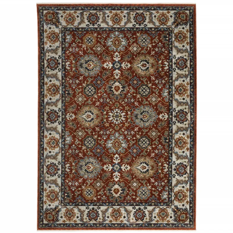 Red Blue Ivory Gold And Navy Oriental Power Loom Stain Resistant Area Rug With Fringe Photo 3