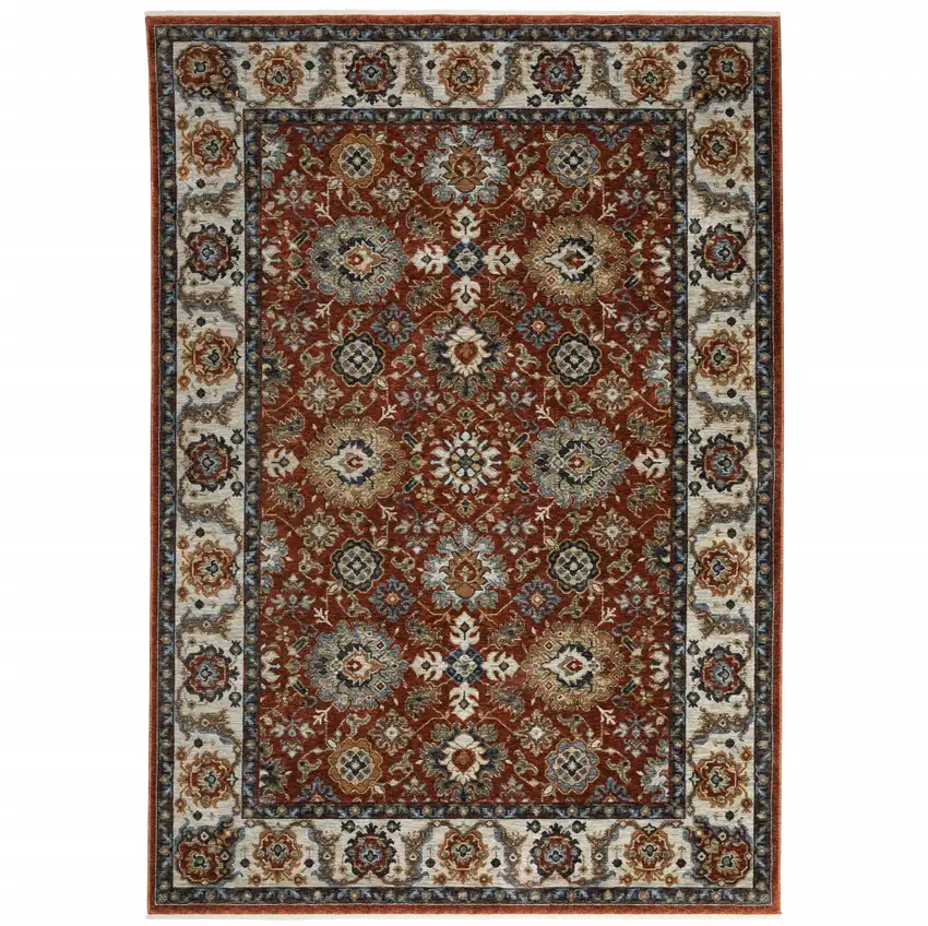 Red Ivory And Orange Oriental Area Rug With Fringe Photo 2
