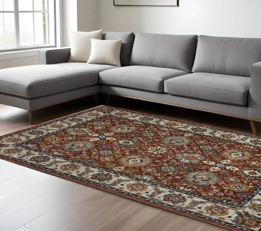 Red Ivory And Orange Oriental Area Rug With Fringe Photo 1