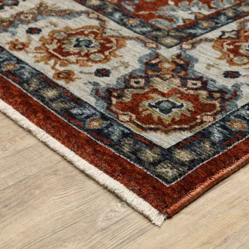 Red Ivory And Orange Oriental Area Rug With Fringe Photo 7