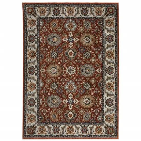 Red Ivory And Orange Oriental Area Rug With Fringe Photo 2