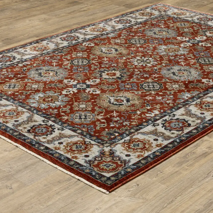 Red Ivory And Orange Oriental Area Rug With Fringe Photo 8