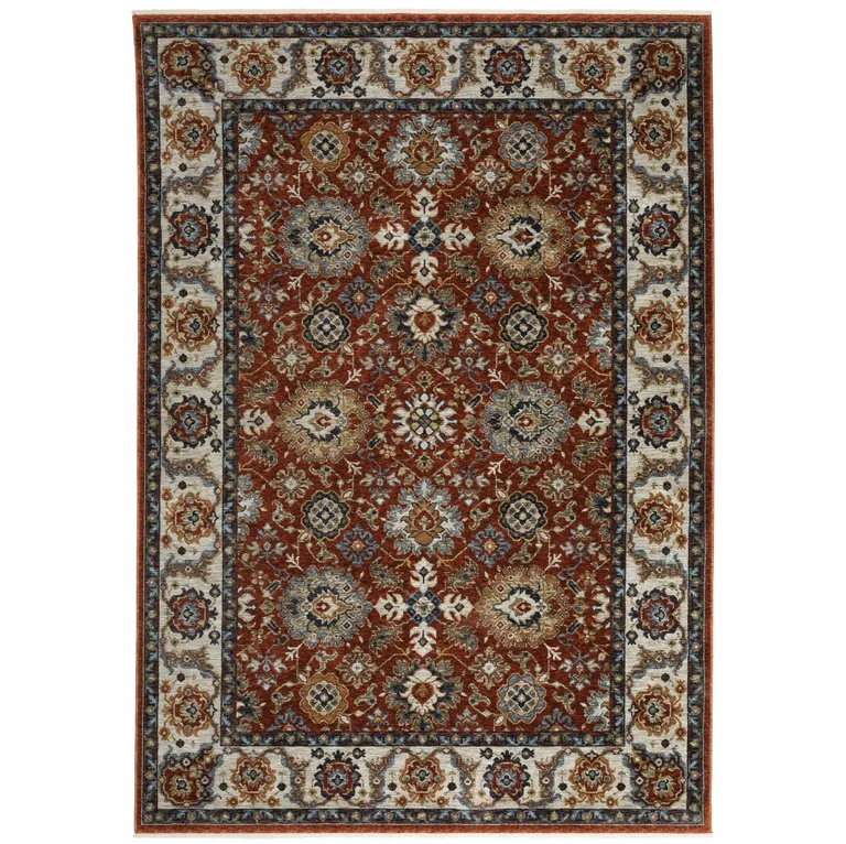 Red Blue Ivory Gold And Navy Oriental Power Loom Stain Resistant Area Rug With Fringe Photo 1