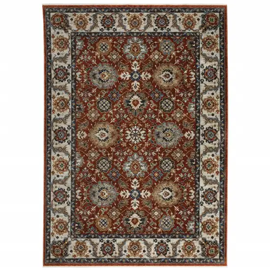 Red Blue Ivory Gold And Navy Oriental Power Loom Stain Resistant Area Rug With Fringe Photo 1