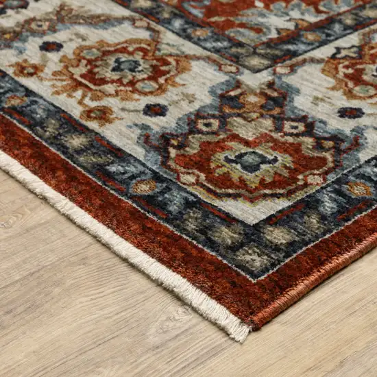 Red Blue Ivory Gold And Navy Oriental Power Loom Stain Resistant Area Rug With Fringe Photo 6