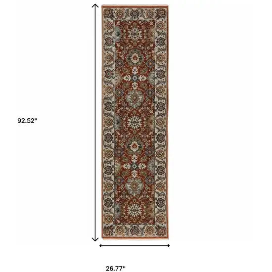 2' X 8' Red Blue Ivory Gold And Navy Oriental Power Loom Stain Resistant Runner Rug With Fringe Photo 3