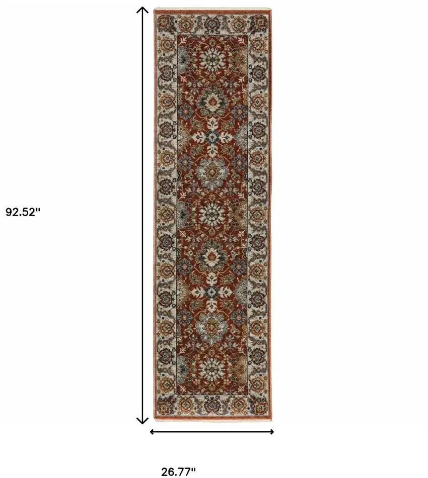 2' X 8' Red Blue Ivory Gold And Navy Oriental Power Loom Stain Resistant Runner Rug With Fringe Photo 3