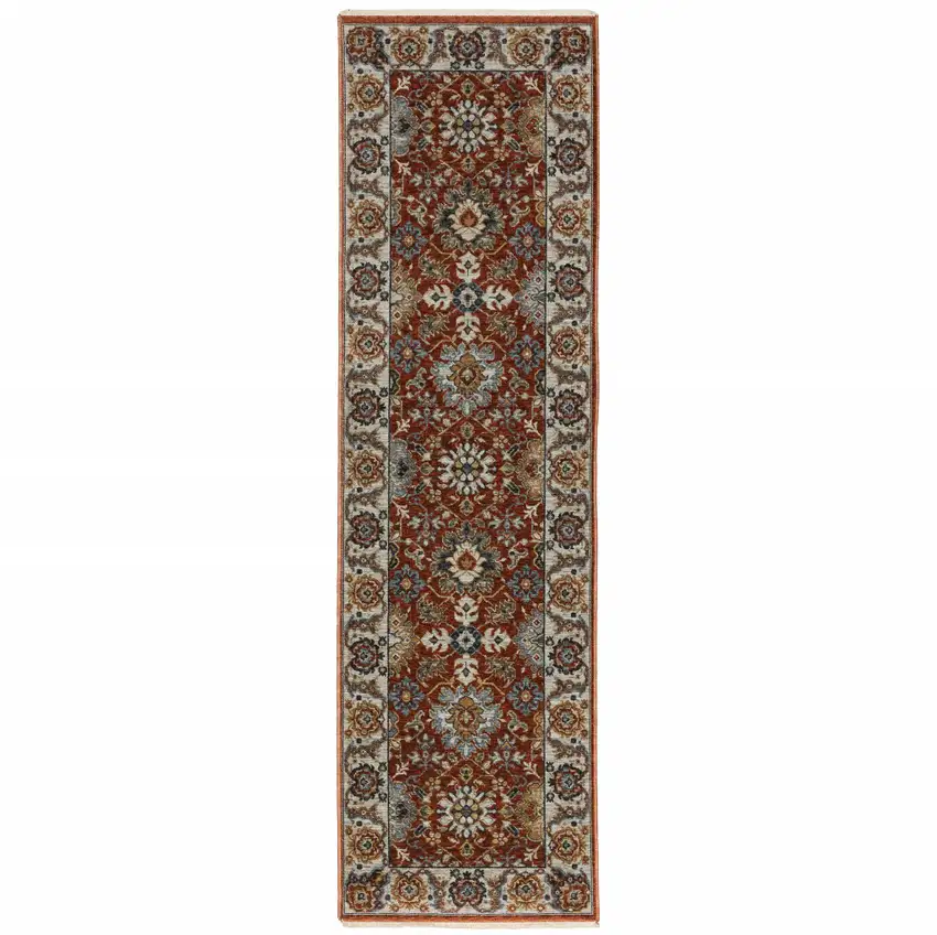 Red Blue Ivory Gold And Navy Oriental Power Loom Stain Resistant Runner Rug With Fringe Photo 1
