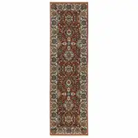Photo of Red Blue Ivory Gold And Navy Oriental Power Loom Stain Resistant Runner Rug With Fringe