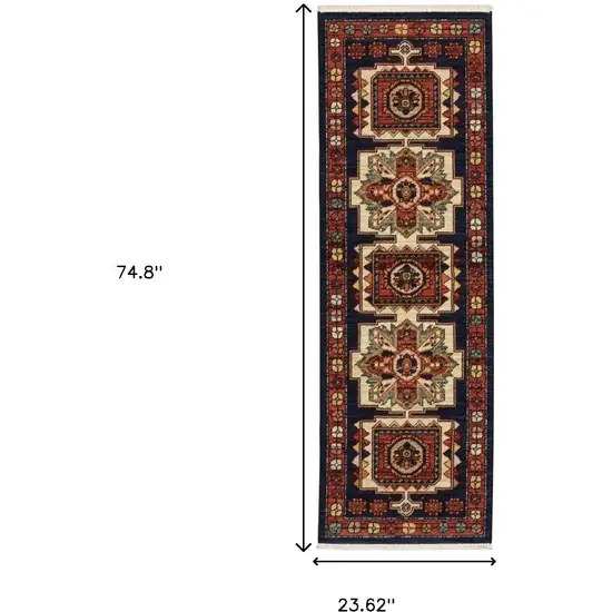 6' Blue And Red Wool Handmade Runner Rug Photo 7