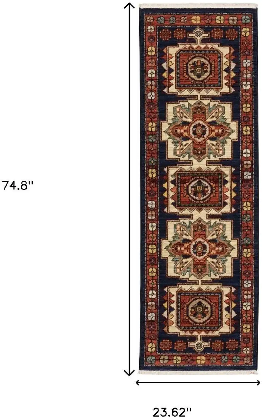 6' Blue And Red Wool Handmade Runner Rug Photo 7