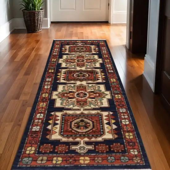 12' Blue And Red Wool Handmade Runner Rug Photo 1