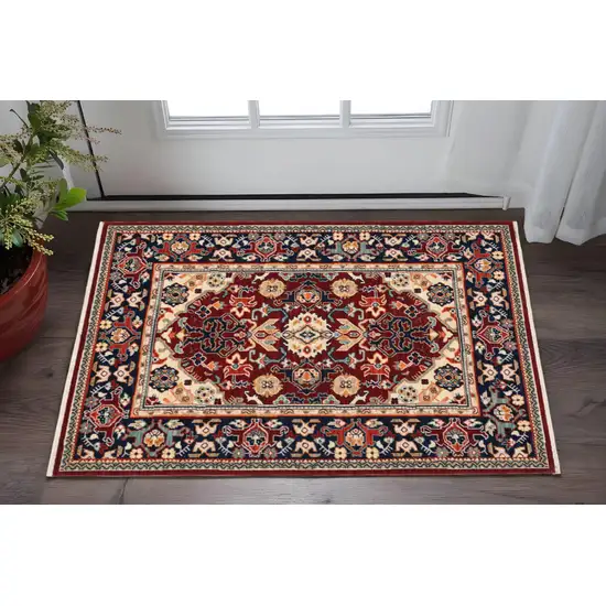 Red Blue Orange And Beige Oriental Power Loom Stain Resistant Area Rug With Fringe Photo 1