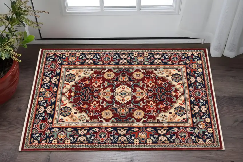 Red Blue Orange And Beige Oriental Power Loom Stain Resistant Area Rug With Fringe Photo 1