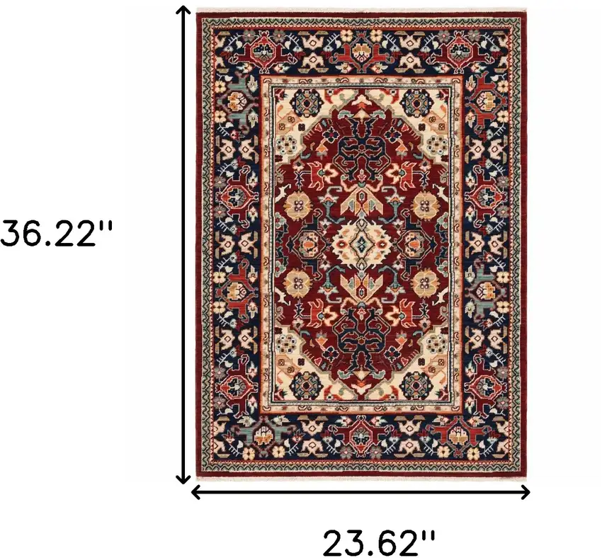 Red Blue Orange And Beige Oriental Power Loom Stain Resistant Area Rug With Fringe Photo 3