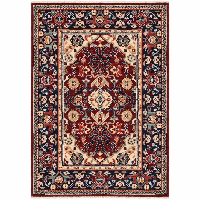 Red Blue Orange And Beige Oriental Power Loom Stain Resistant Area Rug With Fringe Photo 1