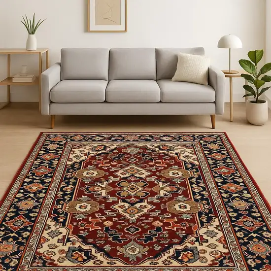 Red Blue Orange And Beige Oriental Power Loom Stain Resistant Area Rug With Fringe Photo 1