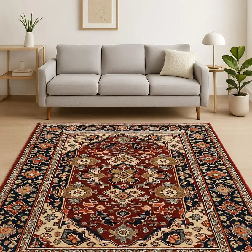 Red Blue Orange And Beige Oriental Power Loom Stain Resistant Area Rug With Fringe Photo 1
